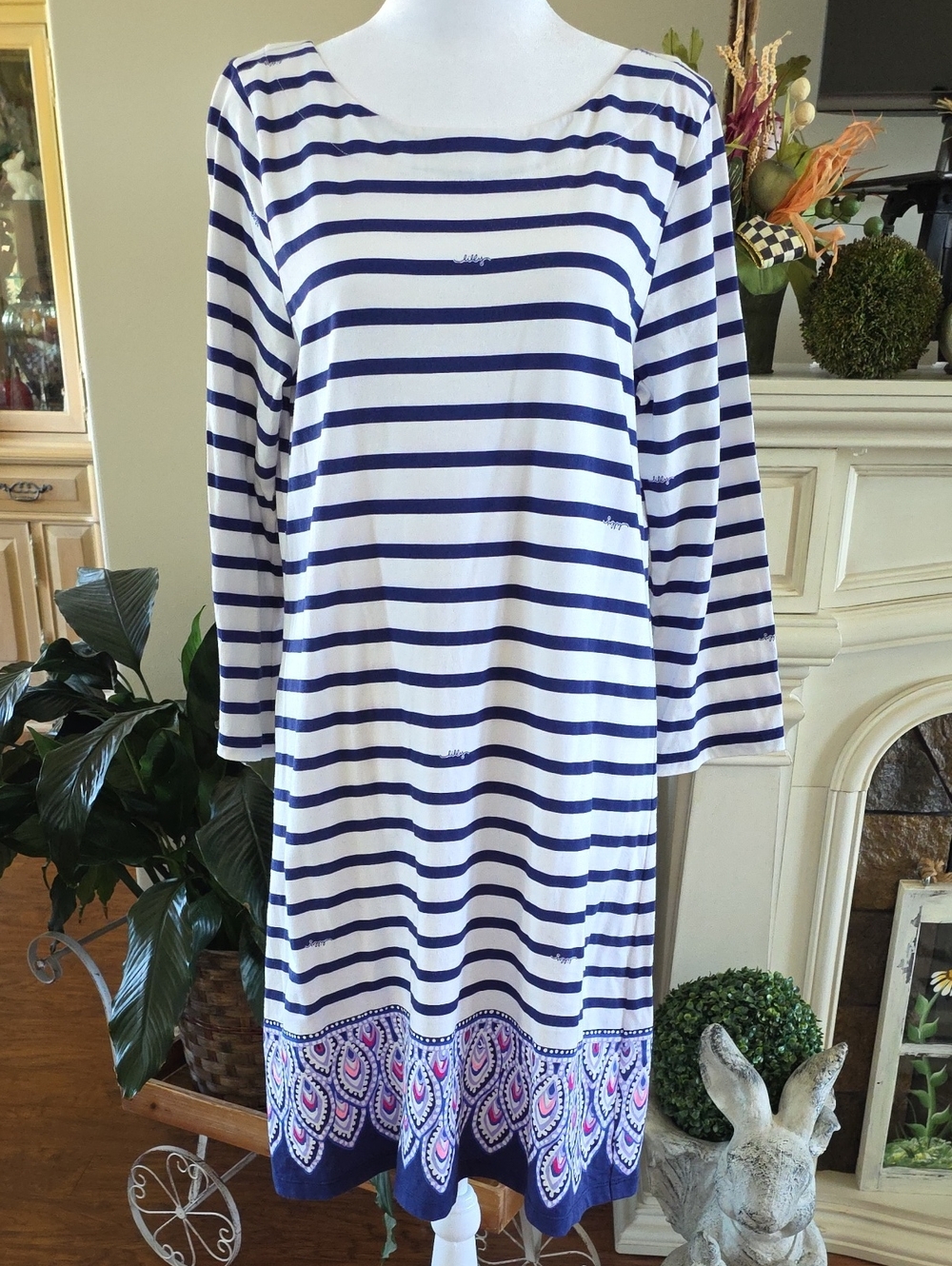 Lilly Pulitzer Navy and White Striped Long Sleeve Midi Dress with Paisley Border